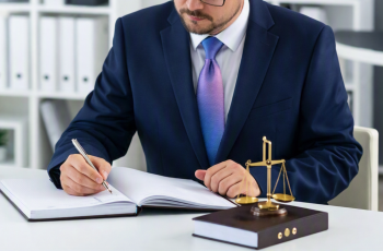Foto de um homem de terno e gravata analisando documentos e fazendo anotações. Há uma balança símbolo da justiça e livros empilhados sobre a mesa de trabalho dele.