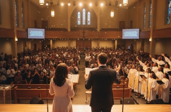 Visão traseira de um pastor e a esposa dele pregando para uma plateia em uma igreja evangélica. O casal está no parlatório, segurando uma Bíblia aberta e falando ao microfone, um microfone para cada um. Ao fundo, há muitas pessoas assistindo e um coral gospel uniformizado cantando. Não dá pra identificar detalhes do rosto de ninguém.