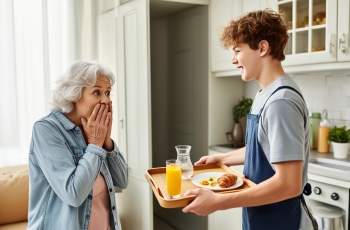 Visão lateral de um adolescente usando avental e segurando uma bandeja de café da manhã para entrega-la a uma senhora idosa, que ficou com uma expressão de surpresa diante do gesto do rapaz.