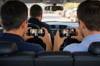 Visão traseira de dois homens sentados no banco de trás dentro de carros parados na rua. Cada um deles segura um smartphone na posição horizontal de modo a fazer uma videochamada.