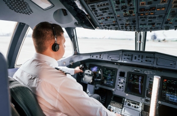 Foto de um piloto com uniforme e emblema dourado no ombro no cockpit do avião se preparando para a decolagem no aeroporto.