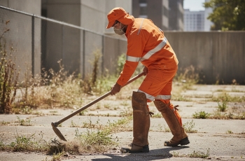 Foto de um homem uniformizado visto de perfil, manuseando uma enxada em ambiente urbano, capinando embaixo de sol forte, sob o céu azul.