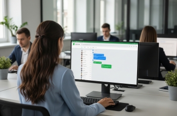Visão traseira de uma mulher de cabelos longos castanhos-escuros e blazer azul-claro. Ela está olhando para a tela de um computador corporativo. Ela está visualizando o aplicativo WhatsApp Web na tela do computador. Há várias pessoas em volta, concentradas no trabalho. Não é possível identificar detalhes dos rostos, porque as pessoas estão distantes.