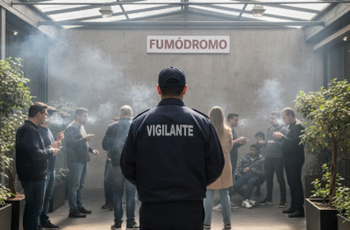 Visão traseira de um vigilante trabalhando em um fumódromo. O vigilante não está fumando. Há 10 fumantes no local envolvidos em muita fumaça de cigarro. Na parede em frente ao vigilante, há uma placa com a seguinte palavra: “FUMÓDROMO”. Nas costas do uniforme do vigilante está escrito: “VIGILANTE".