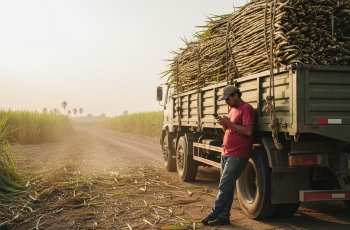 Homem de camisa vermelha com a cabeça baixa verificando mensagens no smartphone. Ele está encostado em uma carreta aguardando o fim do carregamento com cana-de-açúcar e o início do trabalho no transporte canavieiro. Ao fundo, há plantações de cana-de-açúcar.