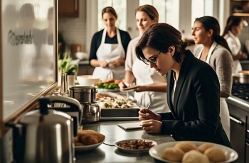 Foto de uma governanta que está organizando e administrando o trabalho de quatro cozinheiras, que usam avental. Ela está sentada, usando caneta e bloco de papel para fazer listas de tarefas e anotações. Ela está verificando o trabalho realizado, organizando e administrando a residência, gerenciando uma equipe de mulheres, que conversam ao fundo. Ela usa óculos, cabelo curto e um blazer preto. Há várias guloseimas, panelas, pratos doces e salgados sobre a mesa.