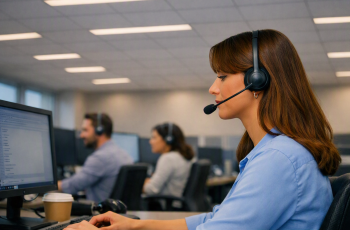 Foto de uma operadora de telemarketing vista de perfil trabalhando no call center de uma empresa de teleatendimento. Ela usa blusa azul-clara e headset com microfone. Ela está sentada à mesa em um ambiente corporativo moderno, com computadores e colegas desfocados ao fundo.
