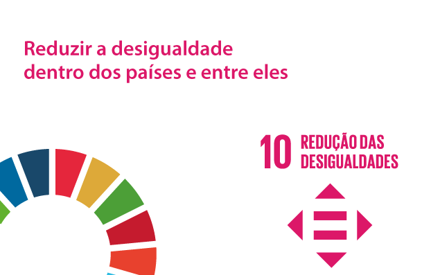 Imagem com fundo branco. Na lateral superior esquerda, está escrito reduzir as desigualdades no interior dos países e entre países. Na lateral inferior esquerda, está o logo da Agenda 2030, um semicírculo com a borda formada por pedaços de várias cores, representando as cores dos 17 ODS - Objetivos do Desenvolvimento Sustentável. Na lateral inferior direita, está o ícone do ODS 10 – Redução das desigualdades. O ícone é o desenho de quatro triângulos, um para cima, um para baixo, um para esquerda e um para a direita, formando um quadrado com um sinal de igualdade no centro. 