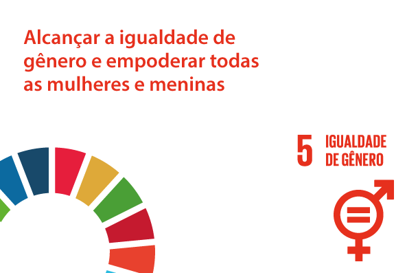  Imagem com fundo branco. Na lateral superior esquerda, está escrito alcançar a igualdade de gênero e empoderar todas as mulheres e meninas. Na lateral inferior esquerda, está o logo da Agenda 2030, um semicírculo com a borda formada por pedaços de várias cores, representando as cores dos 17 ODS - Objetivos do Desenvolvimento Sustentável. Na lateral inferior direita, está o ícone do ODS 5 – Igualdade de gênero. O ícone é a união entre os símbolos de masculino e feminino com um sinal de igualdade dentro. 