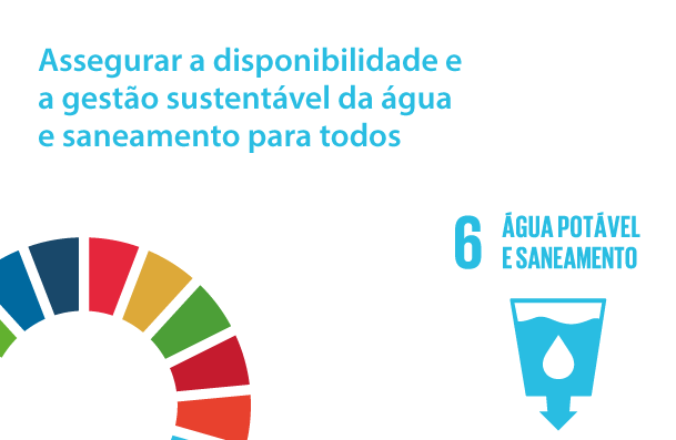 Imagem com fundo branco. Na lateral superior esquerda, está escrito garantir a disponibilidade e a gestão sustentável da água potável e do saneamento para todos. Na lateral inferior esquerda, está o logo da Agenda 2030, um semicírculo com a borda formada por pedaços de várias cores, representando as cores dos 17 ODS - Objetivos do Desenvolvimento Sustentável. Na lateral inferior direita, está o ícone do ODS 6 – Água potável e saneamento. O ícone é um copo com água com uma seta para baixo saindo do fundo do copo. 