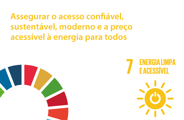 Imagem com fundo branco. Na lateral superior esquerda, está escrito garantir o acesso a fontes de energia confiáveis, sustentáveis e modernas para todos. Na lateral inferior esquerda, está o logo da Agenda 2030, um semicírculo com a borda formada por pedaços de várias cores, representando as cores dos 17 ODS - Objetivos do Desenvolvimento Sustentável. Na lateral inferior direita, está o ícone do ODS 7 – Energia limpa e acessível. O ícone é um sol com um símbolo de liga/desliga dentro. 