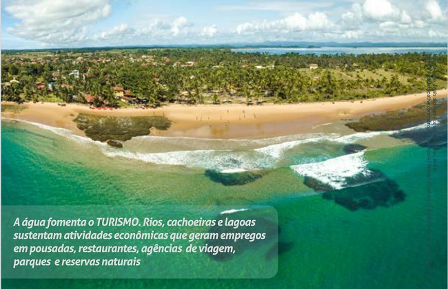 Foto de uma praia mostrando  mar, areia e uma área com muitas árvores e algumas casas. Sobre a foto, na parte inferior esquerda, há uma tarja transparente com a seguinte mensagem: A água fomenta o TURISMO. Rios, cachoeiras e lagoas sustentam atividades econômicas que geram empregos em pousadas, restaurantes, agências de viagem, parques e reservas naturais.