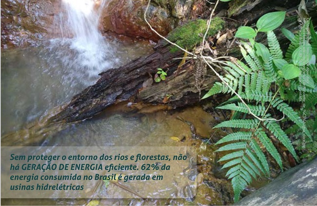 Foto de uma nascente formando um pequeno poço, um troco de árvore mergulhado na água desse poço e algumas plantas em torno dele. Sobre a foto, na parte inferior esquerda, há uma tarja transparente com a seguinte mensagem: Sem proteger o entorno dos rios e florestas, não há GERAÇÃO DE ENERGIA eficiente. 62% da energia consumida no Brasil é gerada em usinas hidrelétricas.