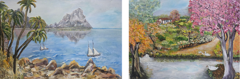 A imagem representa as obras da artista plástica Helena Oliveira intituladas de "Calmaria no Mar", à esquerda e "Sinfonia em Vermelho e Rosa", à direita.