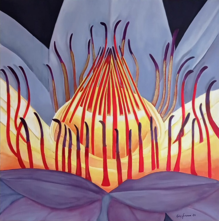 Cely Ferreira Amor Perfeito.jpeg Pintura com cores vivas da parte interna da flor amor-perfeito