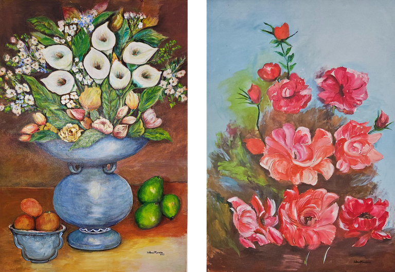 Copos de Leite em Sinfonia Vermelho e Rosa.png A imagem representa as obras da artista plástica Helena Oliveira intituladas de "Copos de Leite" à esquerda e "Sinfonia em Vermelho e Rosa" à direita. A obra "Copos de Leite" representa um vaso ao centro da tela com a planta Copo-de-Leite e ao seu redor dois tipos de frutas diferentes. Já a obra "Sinfonia em Vermelho e Rosa" representa um arranjo de flores no centro da tela com uma mescla de flores em vermelho e rosa.