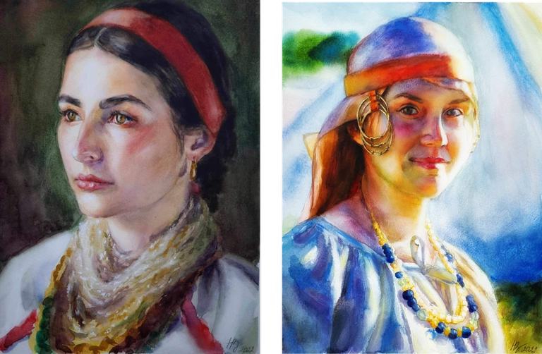 Entre Olhares _02.png A imagem representa duas obras da artista plástica Natália Ivanonva, lado a lado, intuladas de "Ucraniana", à direita e "Mulher Eslava", à esquerda. Ambas as obras possuem mulheres pintadas, representando os países citados nos títulos das obras