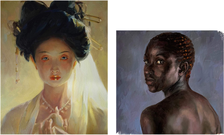 Entre Olhares_01.png A imagem representa duas obras, lado a lado, da artista plástica Natália Ivanova. Ao lado esquerdo está a obra intitulada "Luz" e à direita está a obra intitulada "Menina".