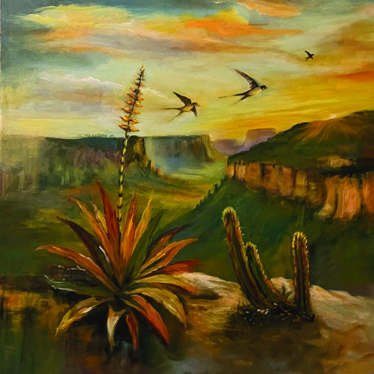 Fatima Mirandda Travessia das Andorinhas.jpg Pintura do Cerrado com três andorinhas passando em cima