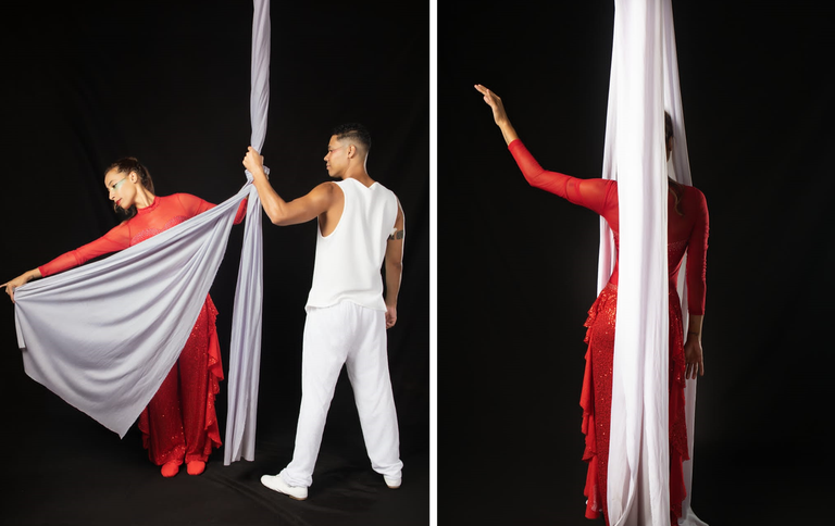 Bailarinos da Cia. Café com Dança, realizando movimentos de dança do espetáculo "Travessia".
