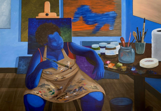 Obra de arte de Bárbara Rigamonte mostrando uma mulher com pele azul dentro de um estúdio de pintura