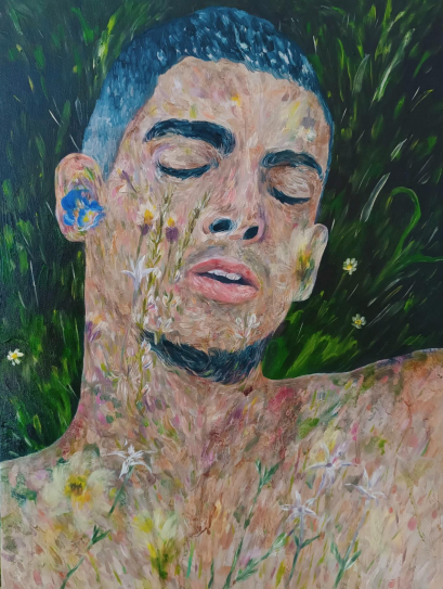Obra de arte retratando um homem, de peito para cima, deitado sobre a grama