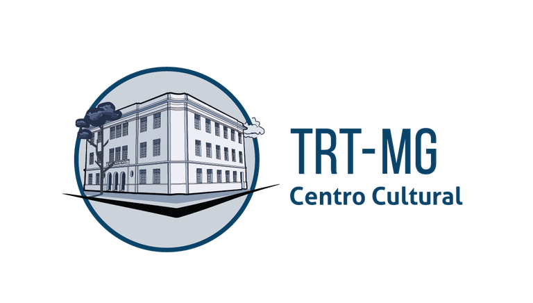 Logotipo do Centro Cultural TRT-MG. A imagem contém um desenho estilizado em preto e branco de um prédio de esquina, dentro de um círculo, com detalhes como árvores e nuvens ao fundo. Ao lado direito, o nome "Centro Cultural TRT-MG" está escrito em letras finas e elegantes, com uma linha horizontal separando os dois elementos.