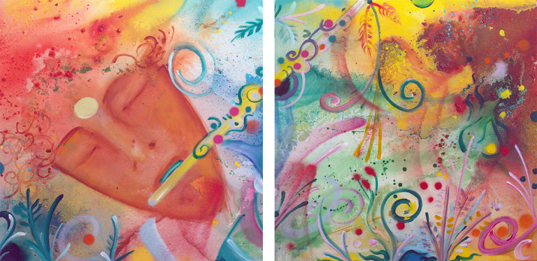 A imagem representa a obra do artista italiano Guido Boletti intitulada de "Flauta pineal". A obra mostra a figura de um rosto humano, com uma flauta perto de sua boca como se estivesse tocando o instrumento.