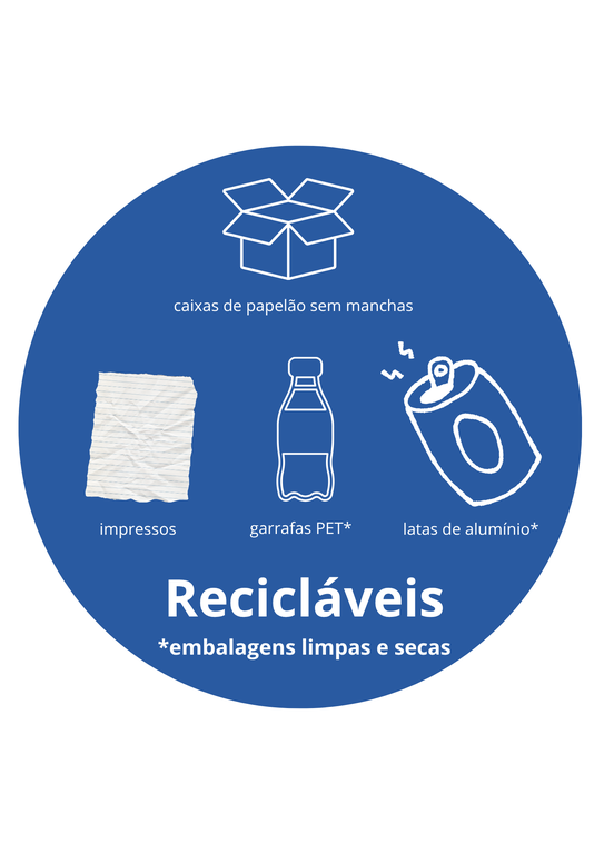 Tampa azul. Caixa de papelão, impressos, garrafas PET, latas de alumínio. Recicláveis.