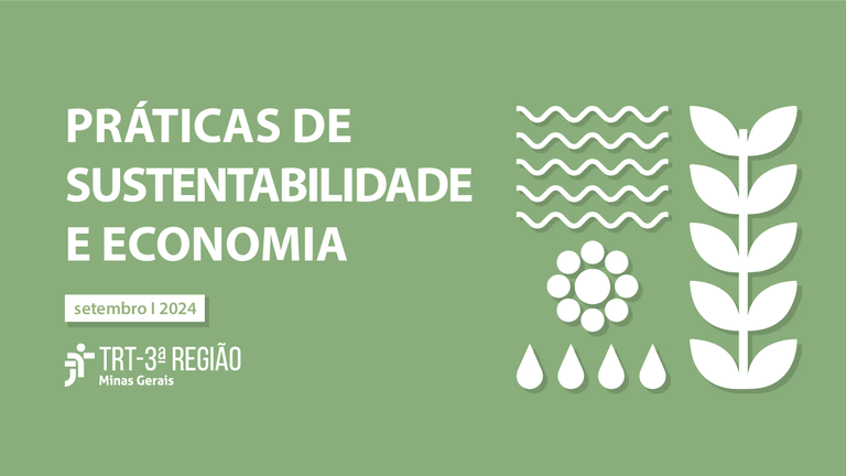 Capa verde da cartilha com o título "Práticas de Sustentabilidade e Economia" com detalhes gráficos de água e plantas