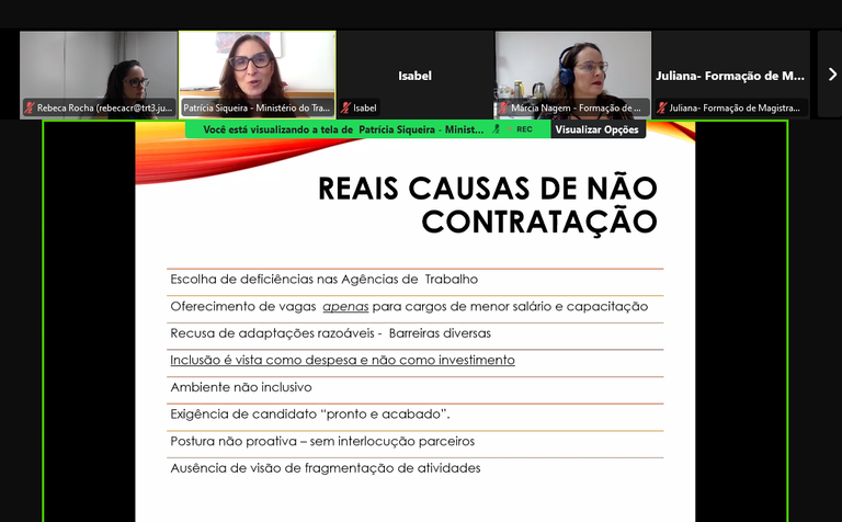 Screenshot 2024-11-29 at 14-57-27 Zoom Formags - Curso “Inclusão e Acessibilidade – desafios e soluções para a inclusão das pessoas com deficiência no mercado formal de trabalho”.png Print da tela contendo a informação: Reais causas de não contratação. Escolha de deficiência; oferecimento de vagas apenas para cargos de menor salário; recusa de adaptações razoáveis; incçusão é vista como despesa e não como investimento; ambiente não inclusivo; exigência de candidato "pronto e acabado"; prostura não proativa; ausência de visão de fragmentação de atividades.