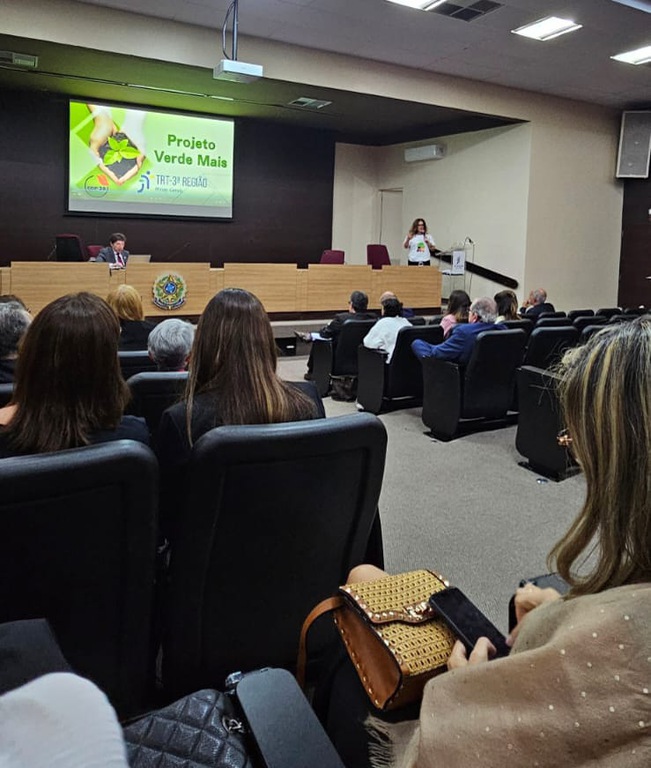 Auditório com várias pessoas. Ao fundo, a Júnia apresentando o projeto ao CNJ