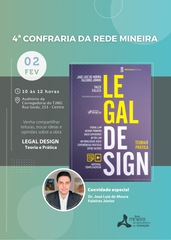 Cartaz de divulgação do evento, com imagem da capa do livro "Legal Design: teoria e prática" e com a foto do autor, homem de pele branca, cabelo e barba curtos e pretos, vestindo camisa branca e paletó preto. 