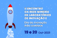 Banner do II Encontro da Rede Mineira de Laboratórios de Inovação, com desenho de foguete sendo lançado