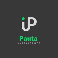 Logo da Pauta Inteligente, com fundo na cor preta e um símbolo formado pelas letras i e p unidas, na cor cinza, com o pingo do i na cor verde. Abaixo do símbolo, a palavra "pauta" está em verde e a palavra "inteligente" está em cinza. 