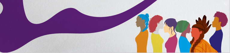 Banner da Semana das Mulheres 2024, que têm, à direita, o desenho de mulheres com diversas características como tipo de cabelo e cor de pele e, à esquerda, uma figura abstrata na cor roxa.