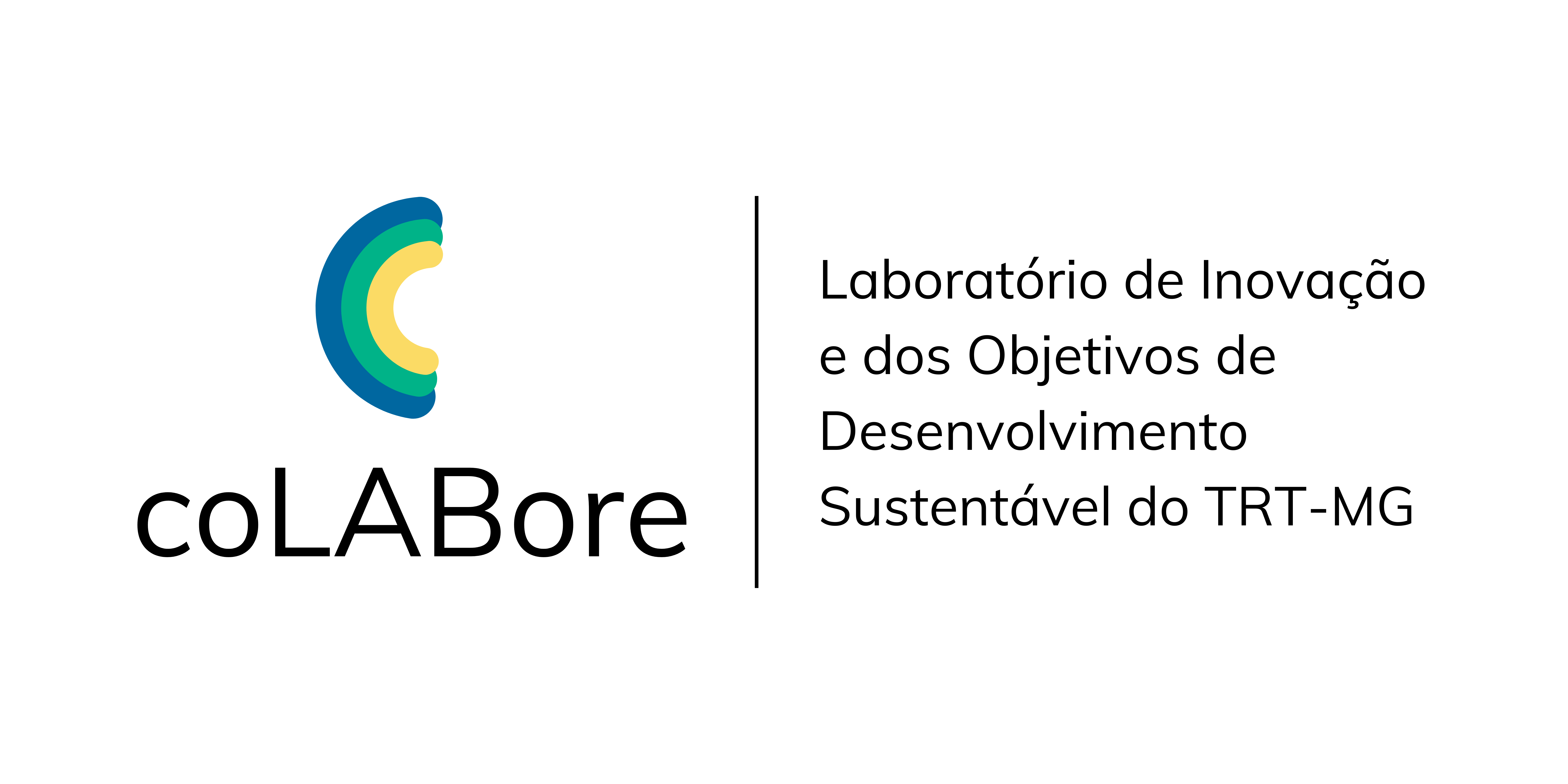 Banner coLABore: à esquerda, o nome coLABore está escrito, com "lab" em caixa alta e demais letras minúsculas, e sobre o nome está a marca visual, formada por três letras "C" sobrepostas da esquerda para a direita nas cores azul, verde e amarelo; há uma barra vertical no centro da imagem e à direita está escrito "Laboratório de Inovação e dos Objetivos de Desenvolvimento Sustentável do TRT-MG"