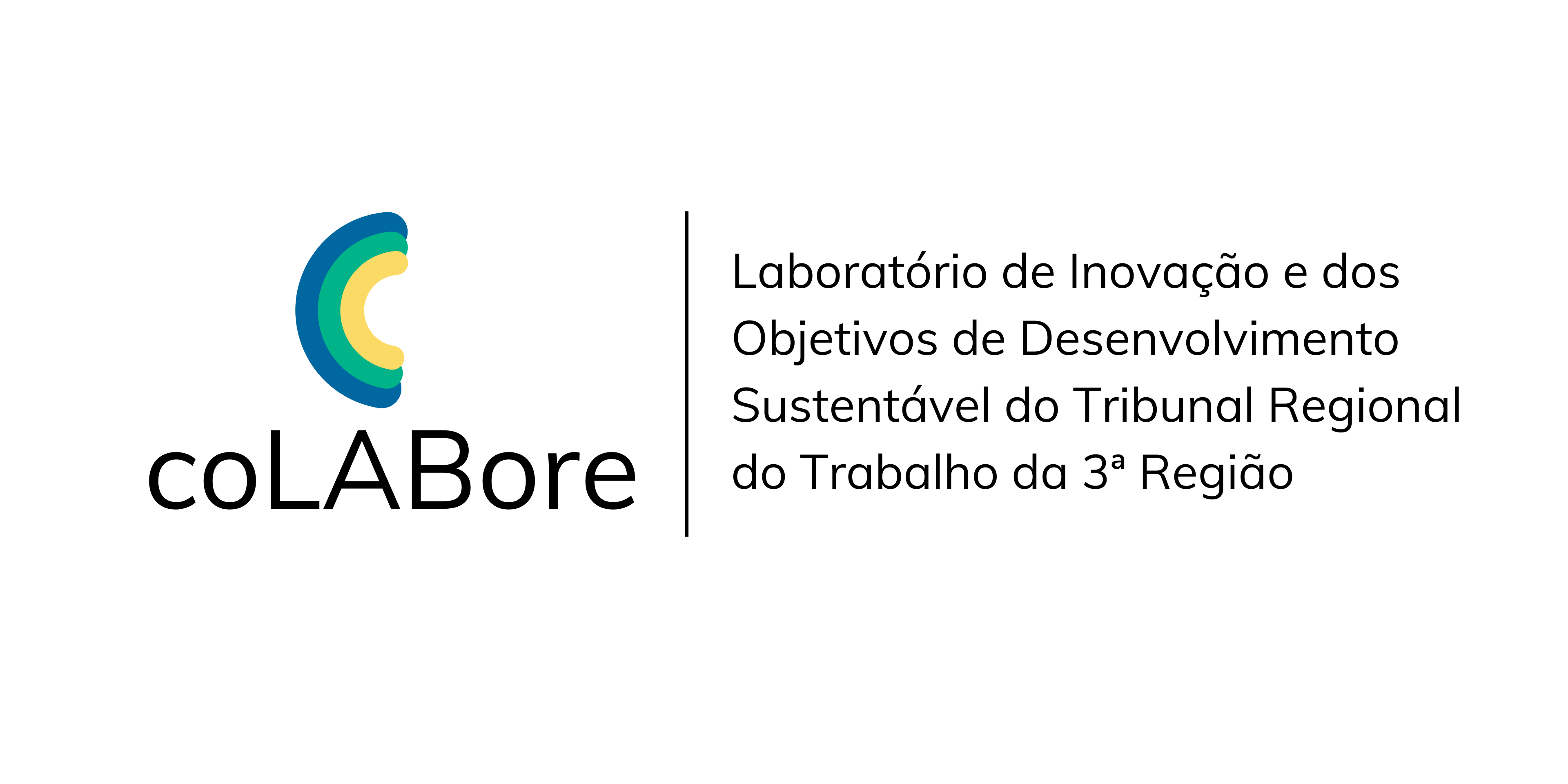 Banner coLABore: à esquerda, o nome coLABore está escrito, com "lab" em caixa alta e demais letras minúsculas, e sobre o nome está a marca visual, formada por três letras "C" sobrepostas da esquerda para a direita nas cores azul, verde e amarelo; há uma barra vertical no centro da imagem e à direita está escrito "Laboratório de Inovação e dos Objetivos de Desenvolvimento Sustentável do TRT-MG"