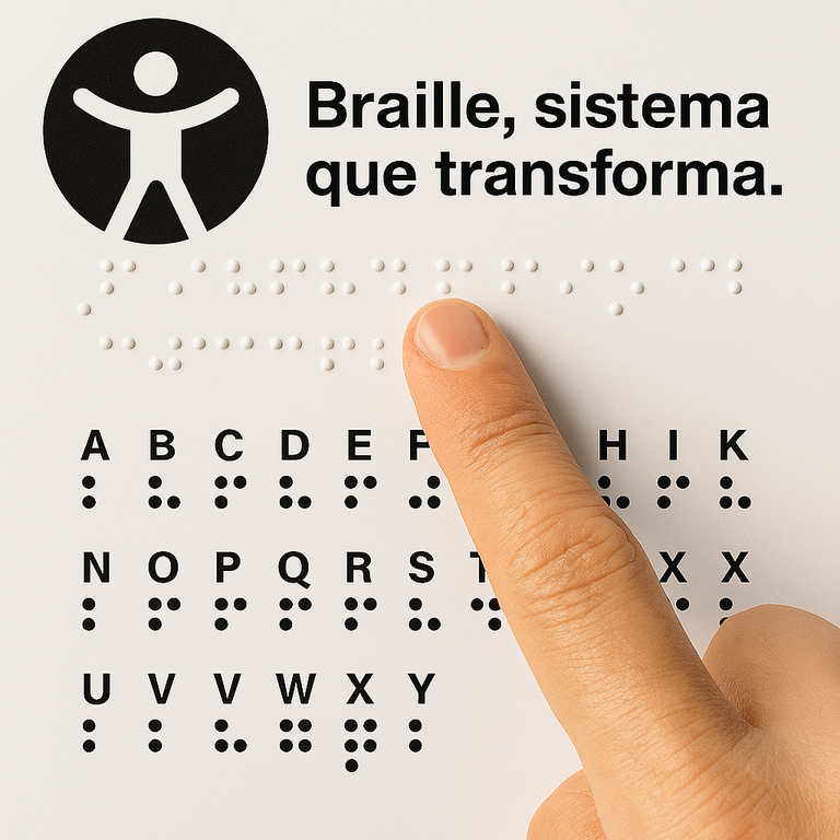 Imagem em alto contraste mostrando uma mão com o dedo indicador destacado lendo uma frase em Braille. No topo esquerdo aparece o novo Símbolo Internacional de Acessibilidade, representado por uma figura humana estilizada dentro de um círculo. À direita do símbolo está a frase “Braille, sistema que transforma.” escrita em tinta, com a mesma frase em Braille logo abaixo. Abaixo da mão, há uma tabela com o alfabeto completo, cada letra impressa em tinta acompanhada de sua célula Braille correspondente