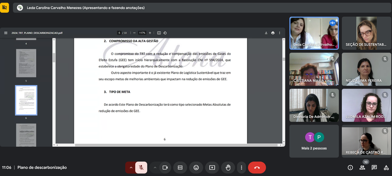 Print de tela da reunião em ambiente virtual. Na tela principal o plano em documento compartilhado e à direita, telas com as pessoas presentes em reunião.