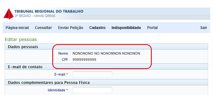 Os campos Nome e CPF não ficam abertos para alteração.