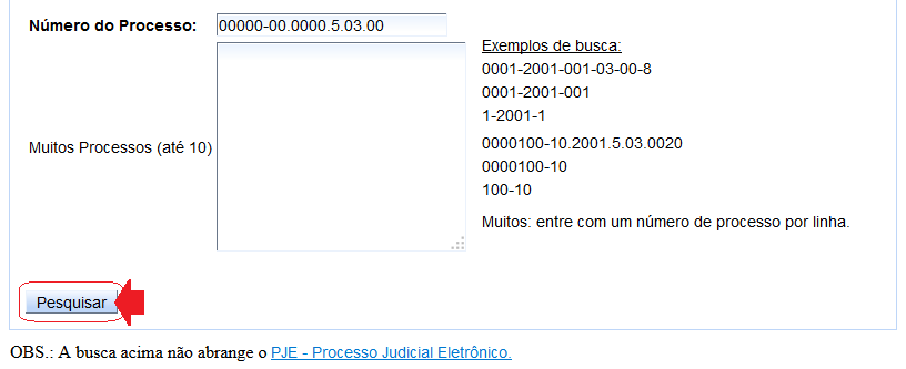 Ou preencha os campos na área da Consulta Processual dentro do site