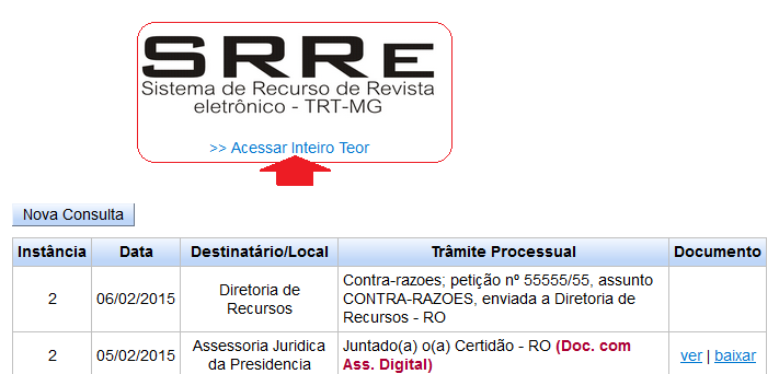 Clicar na imagem do SRRE ou no link Acessar Inteiro Teor.