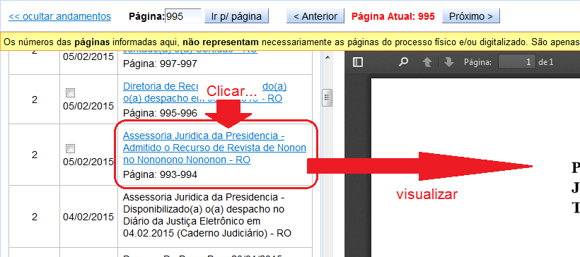 Para visualizar um documento, basta clicar no link da descrição do andamento.