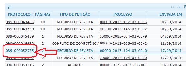 Para exibir as informações da petição enviada, basta clicar o link referente à petição na coluna 'PROTOCOLO'.