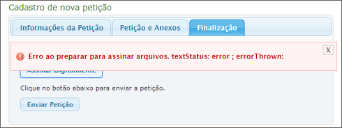 Erro ao preparar para assinar arquivos. textStatus: error ; errorThrown