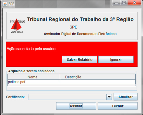 Ação cancelada pelo usuário.