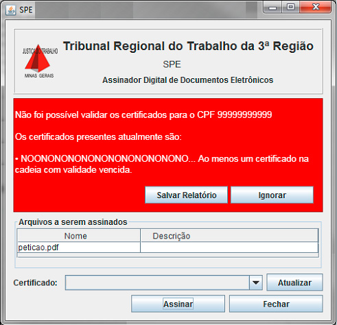 Não foi possível validar os certificados para o CPF  Ao menos um certificado na cadeia com validade vencida.