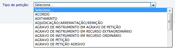 Escolha na caixa de seleção o tipo d a petição