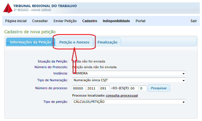 Clicar na aba Petição e Anexos.